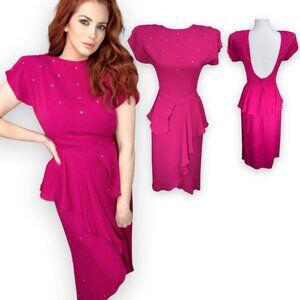 Vintage 80s TD4 by Eletra Fuschia Peplum Bedazzled Cocktail Midi Dress XS